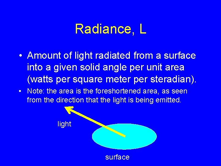 Radiance, L • Amount of light radiated from a surface into a given solid