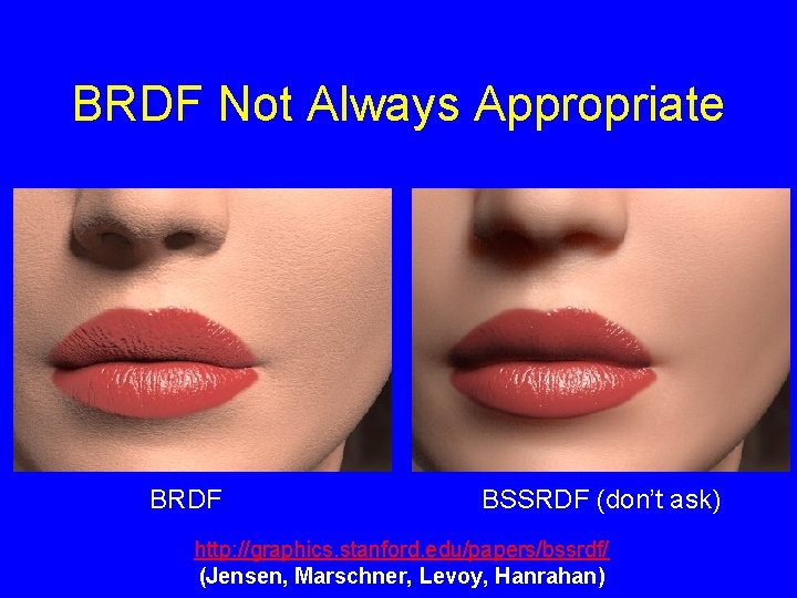 BRDF Not Always Appropriate BRDF BSSRDF (don’t ask) http: //graphics. stanford. edu/papers/bssrdf/ (Jensen, Marschner,