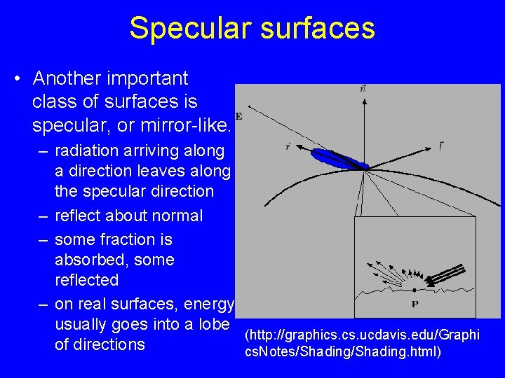 Specular surfaces • Another important class of surfaces is specular, or mirror-like. – radiation