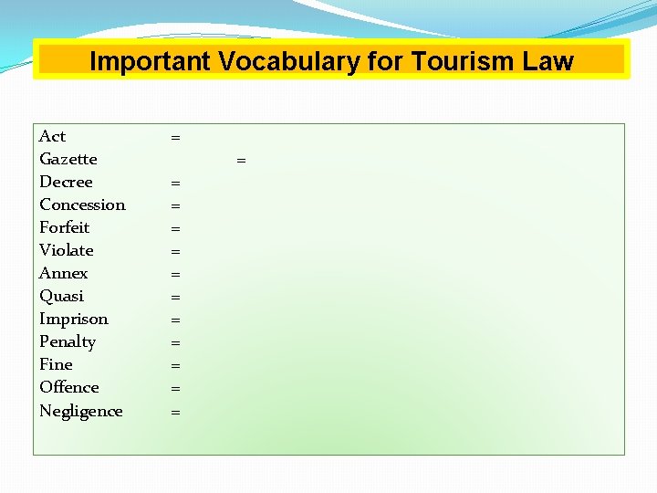 Important Vocabulary for Tourism Law Act Gazette Decree Concession Forfeit Violate Annex Quasi Imprison