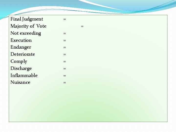 Final Judgment Majority of Vote Not exceeding Execution Endanger Deteriorate Comply Discharge Inflammable Nuisance