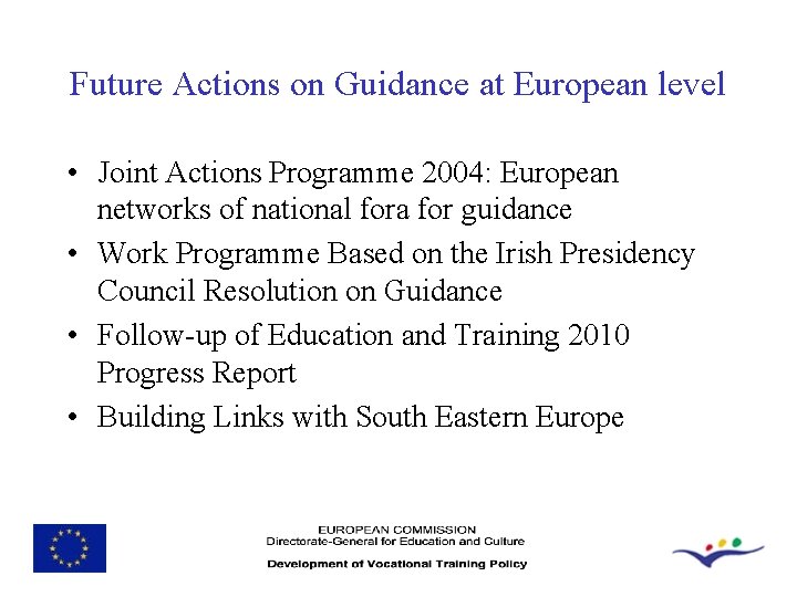 Future Actions on Guidance at European level • Joint Actions Programme 2004: European networks