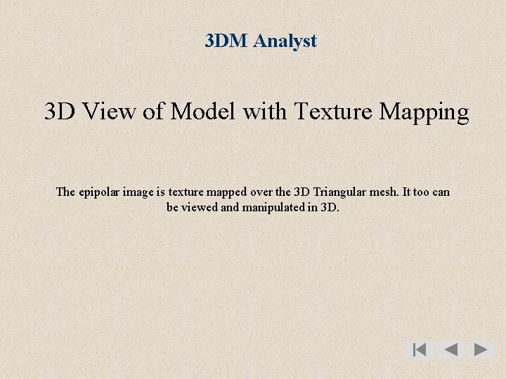 3 DM Analyst 3 D View of Model with Texture Mapping The epipolar image