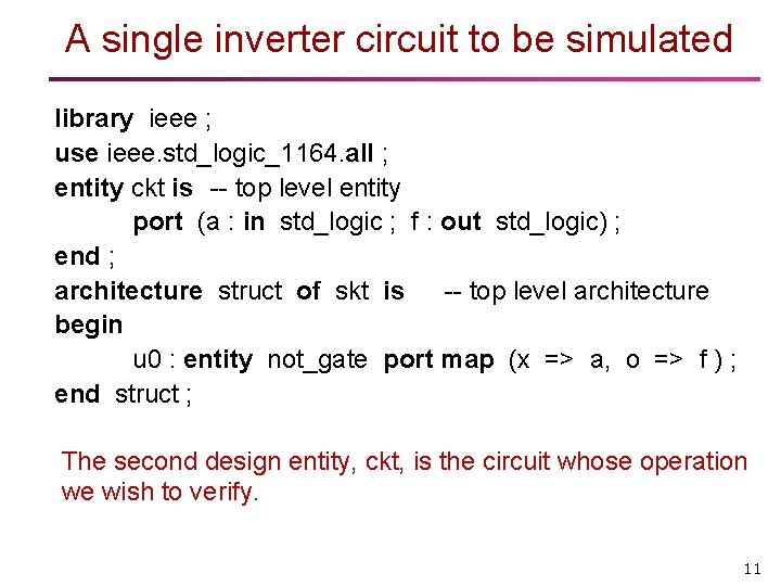 A single inverter circuit to be simulated library ieee ; use ieee. std_logic_1164. all