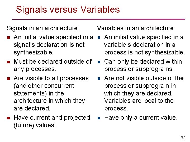 Signals versus Variables Signals in an architecture: Variables in an architecture n An initial