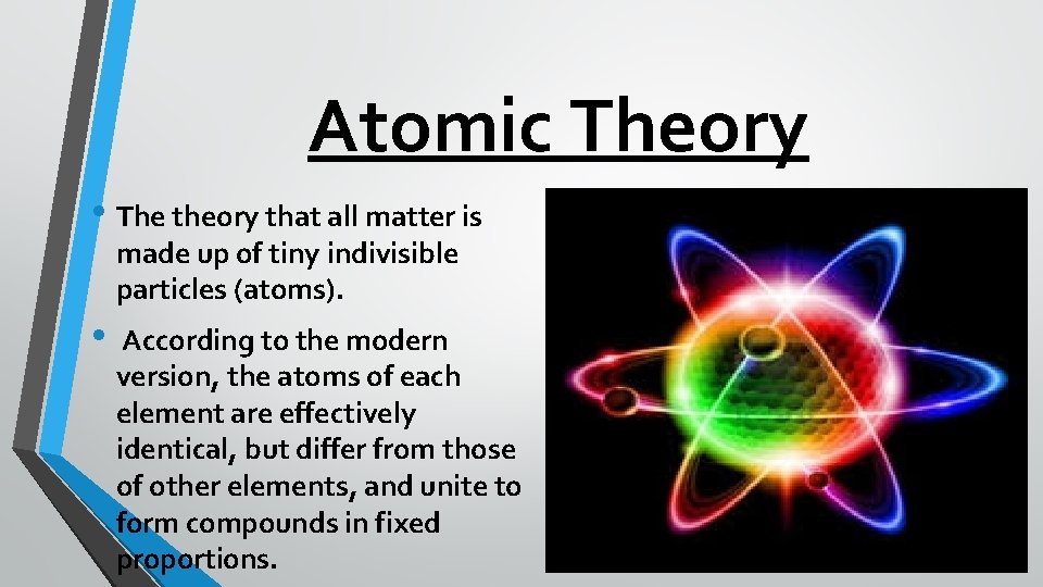 Atomic Theory • The theory that all matter is made up of tiny indivisible