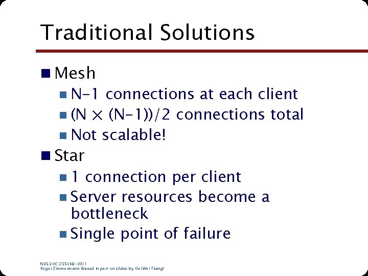 Traditional Solutions n Mesh n N-1 connections at each client n (N × (N-1))/2 Traditional Solutions n Mesh n N-1 connections at each client n (N × (N-1))/2
