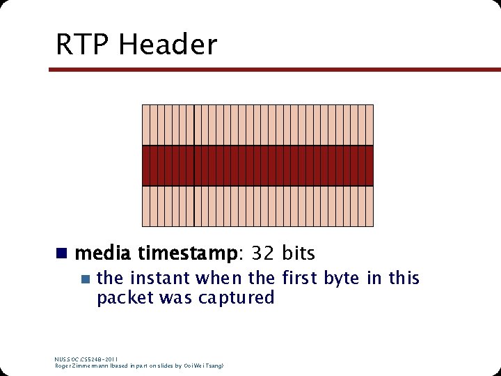 RTP Header n media timestamp: 32 bits n the instant when the first byte RTP Header n media timestamp: 32 bits n the instant when the first byte