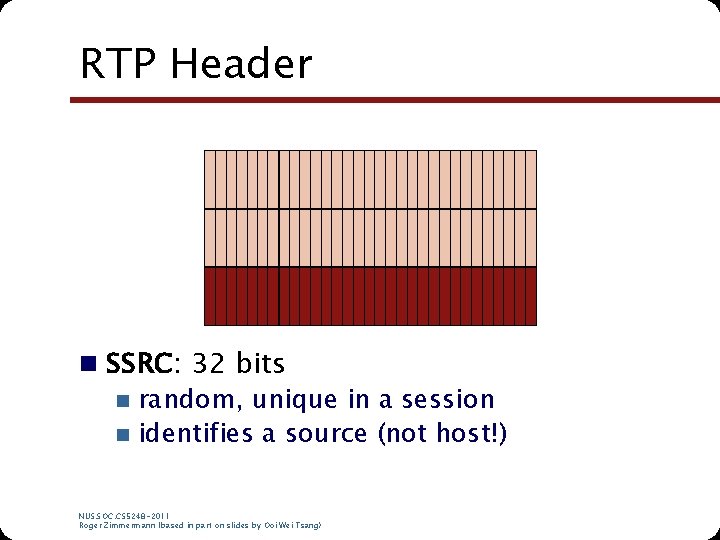 RTP Header n SSRC: 32 bits n random, unique in a session n identifies RTP Header n SSRC: 32 bits n random, unique in a session n identifies