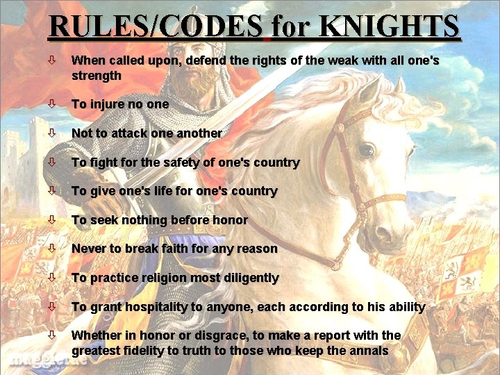 RULES/CODES for KNIGHTS When called upon, defend the rights of the weak with all