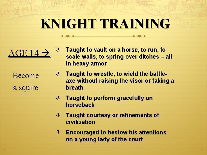 KNIGHT TRAINING AGE 14 Become a squire Taught to vault on a horse, to