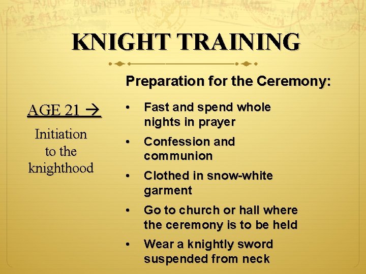 KNIGHT TRAINING Preparation for the Ceremony: AGE 21 Initiation to the knighthood • Fast