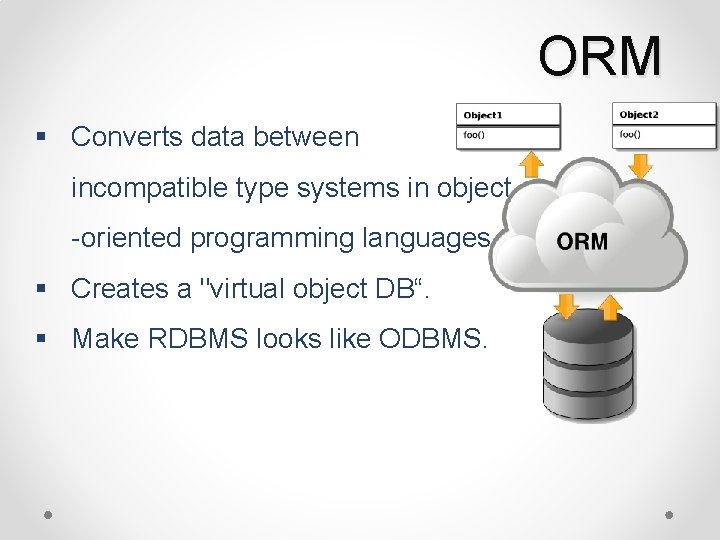 ORM § Converts data between incompatible type systems in object -oriented programming languages. §
