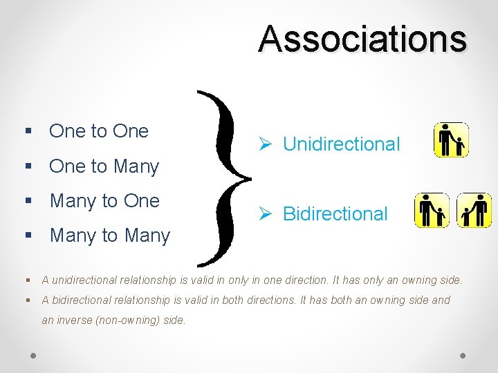 Associations § One to One § One to Many § Many to One §