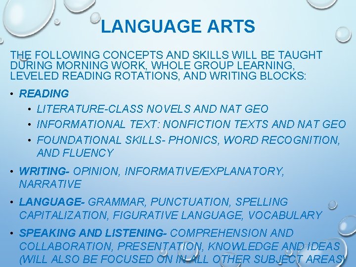 LANGUAGE ARTS THE FOLLOWING CONCEPTS AND SKILLS WILL BE TAUGHT DURING MORNING WORK, WHOLE LANGUAGE ARTS THE FOLLOWING CONCEPTS AND SKILLS WILL BE TAUGHT DURING MORNING WORK, WHOLE
