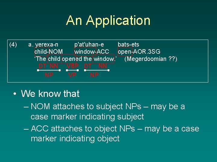 An Application (4) a. yerexa-n p'at'uhan-e bats-ets child-NOM window-ACC open-AOR. 3 SG ‘The child