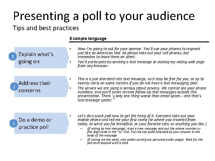 Presenting a poll to your audience Tips and best practices Example language 1 Explain
