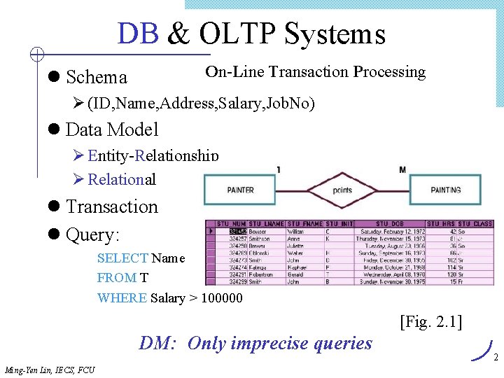 DB & OLTP Systems On-Line Transaction Processing l Schema Ø (ID, Name, Address, Salary,