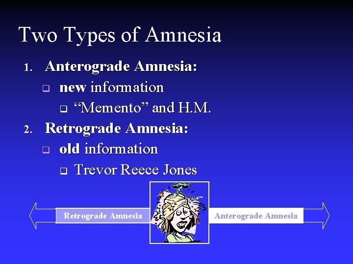 Two Types of Amnesia 1. 2. Anterograde Amnesia: q new information q “Memento” and Two Types of Amnesia 1. 2. Anterograde Amnesia: q new information q “Memento” and