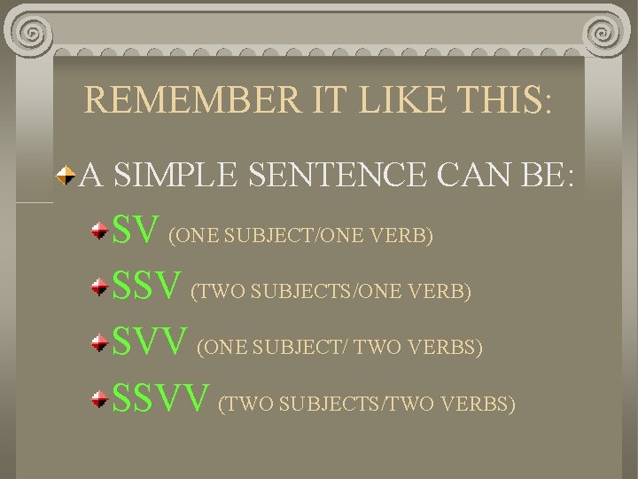 REMEMBER IT LIKE THIS: A SIMPLE SENTENCE CAN BE: SV (ONE SUBJECT/ONE VERB) SSV