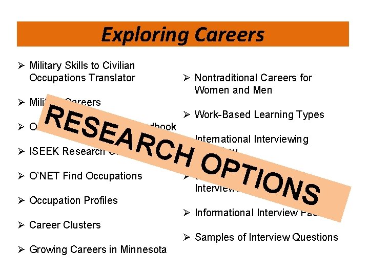 Exploring Careers Ø Military Skills to Civilian Occupations Translator Ø Nontraditional Careers for Women