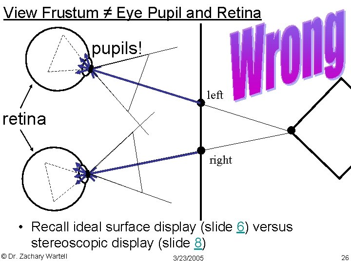 View Frustum ≠ Eye Pupil and Retina pupils! left retina right • Recall ideal