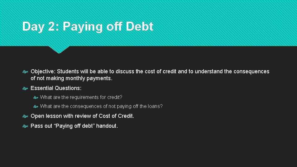 Day 2: Paying off Debt Objective: Students will be able to discuss the cost