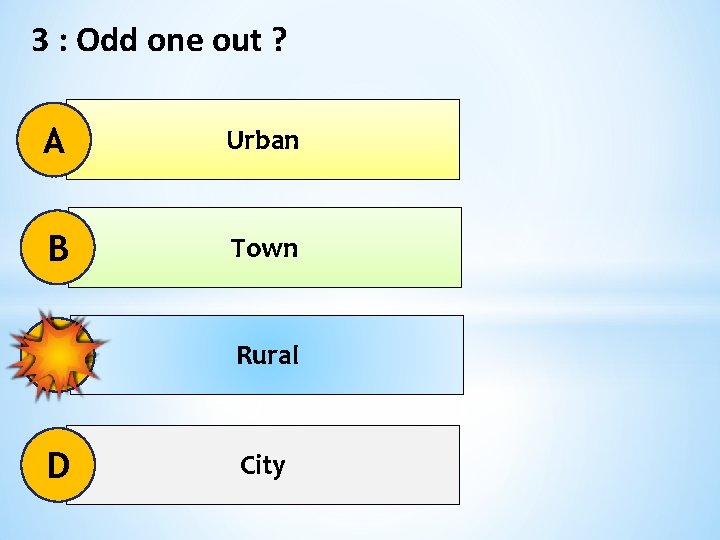 3 : Odd one out ? A Urban B Town C Rural D City