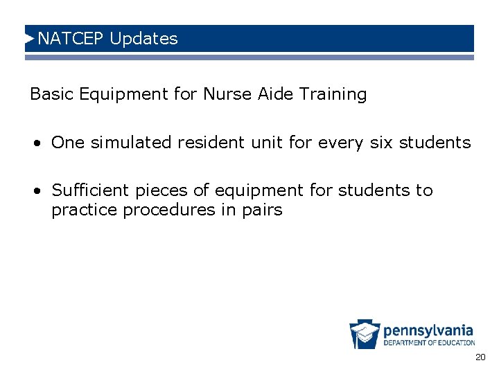 NATCEP Updates Basic Equipment for Nurse Aide Training • One simulated resident unit for