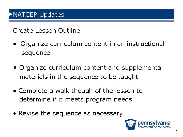 NATCEP Updates Create Lesson Outline • Organize curriculum content in an instructional sequence •