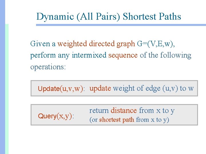Dynamic (All Pairs) Shortest Paths Given a weighted directed graph G=(V, E, w), perform