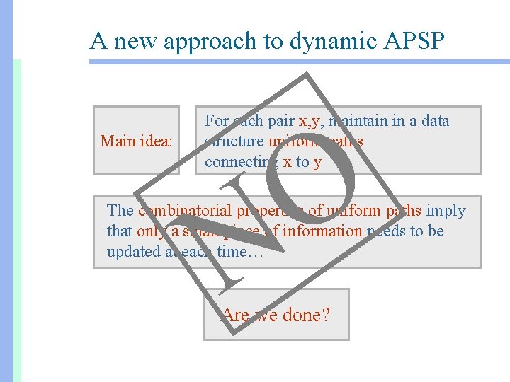 A new approach to dynamic APSP Main idea: For each pair x, y, maintain
