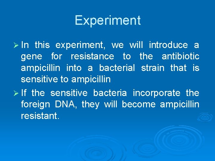 Experiment Ø In this experiment, we will introduce a gene for resistance to the