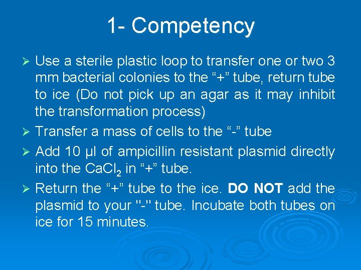 1 - Competency Use a sterile plastic loop to transfer one or two 3