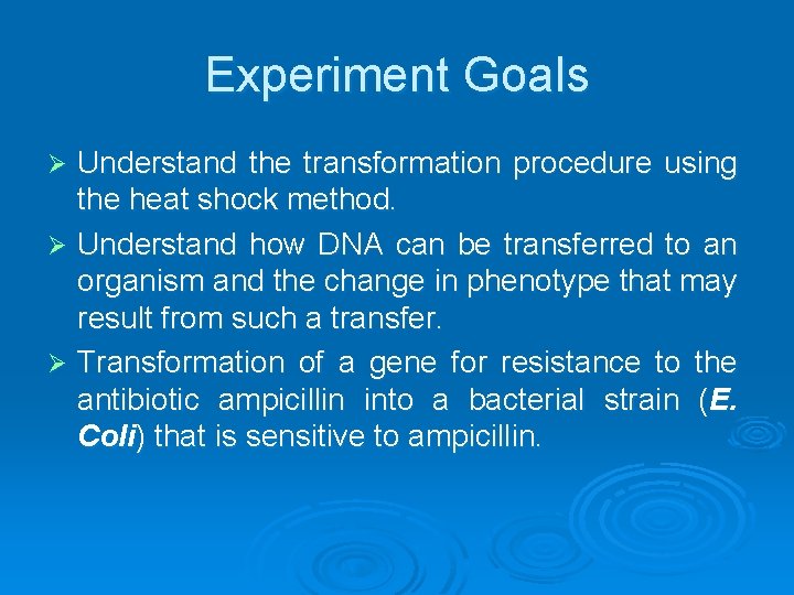 Experiment Goals Understand the transformation procedure using the heat shock method. Ø Understand how