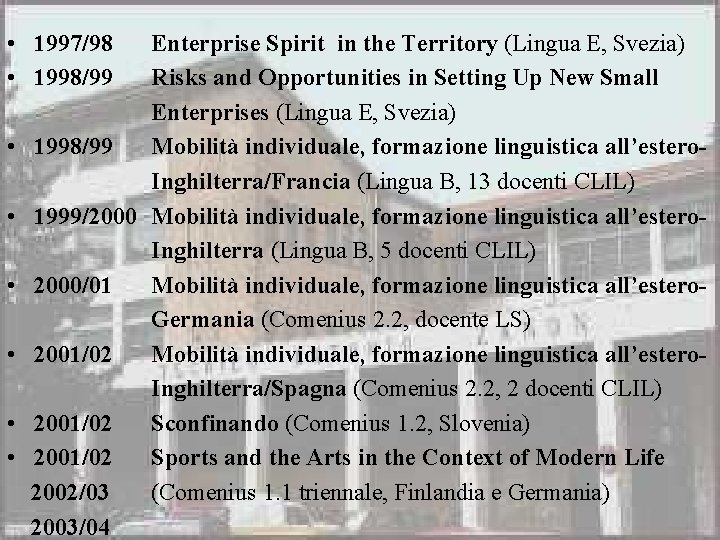  • 1997/98 • 1998/99 Enterprise Spirit in the Territory (Lingua E, Svezia) Risks