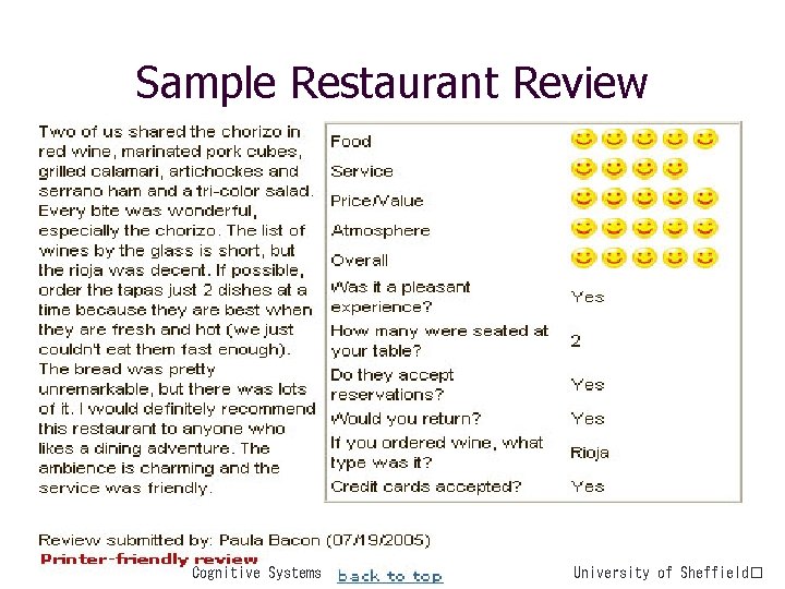 Sample Restaurant Review Cognitive Systems University of Sheffield� 