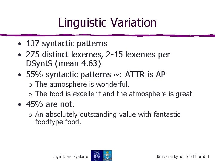 Linguistic Variation • 137 syntactic patterns • 275 distinct lexemes, 2 -15 lexemes per