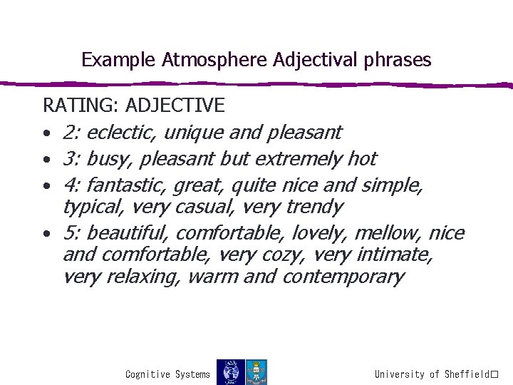 Example Atmosphere Adjectival phrases RATING: ADJECTIVE • 2: eclectic, unique and pleasant • 3: