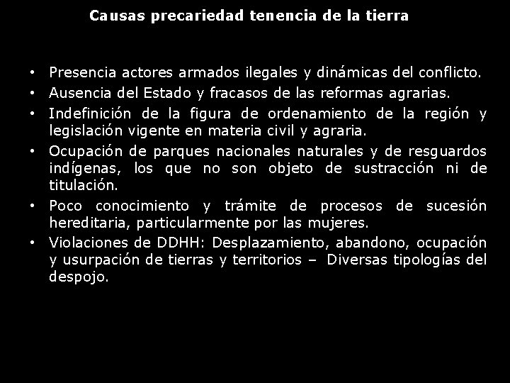 Causas precariedad tenencia de la tierra • Presencia actores armados ilegales y dinámicas del