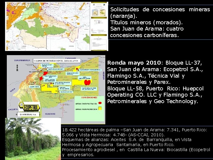 Solicitudes de concesiones mineras (naranja). Títulos mineros (morados). San Juan de Arama: cuatro concesiones