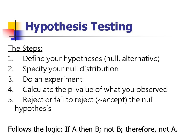 Hypothesis Testing The Steps: 1. Define your hypotheses (null, alternative) 2. Specify your null