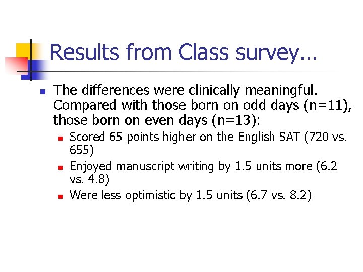 Results from Class survey… n The differences were clinically meaningful. Compared with those born