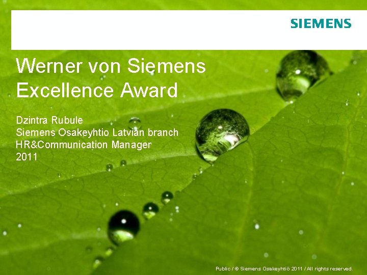 Werner von Siemens Excellence Award Dzintra Rubule Siemens Osakeyhtio Latvian branch HR&Communication Manager 2011
