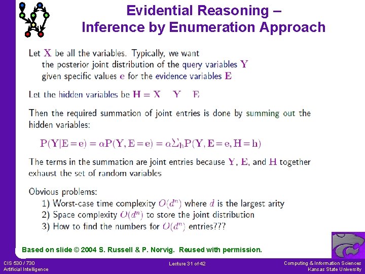 Evidential Reasoning – Inference by Enumeration Approach Based on slide © 2004 S. Russell