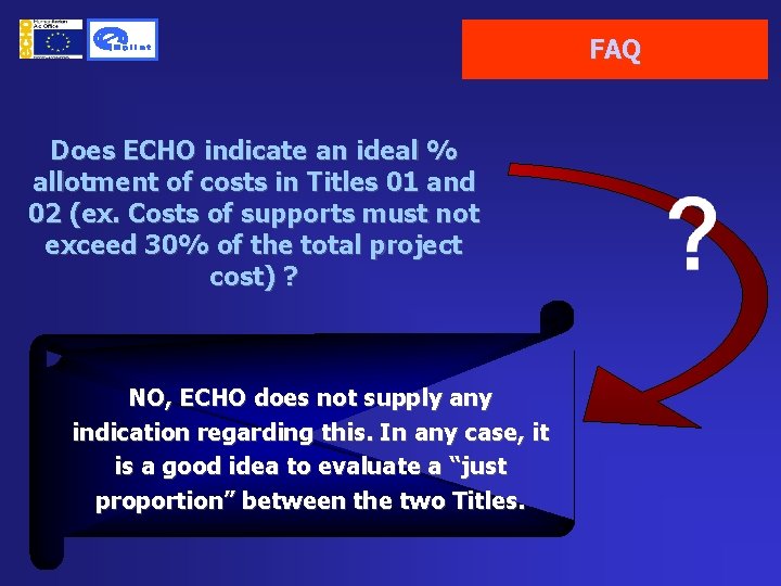 FAQ Does ECHO indicate an ideal % allotment of costs in Titles 01 and