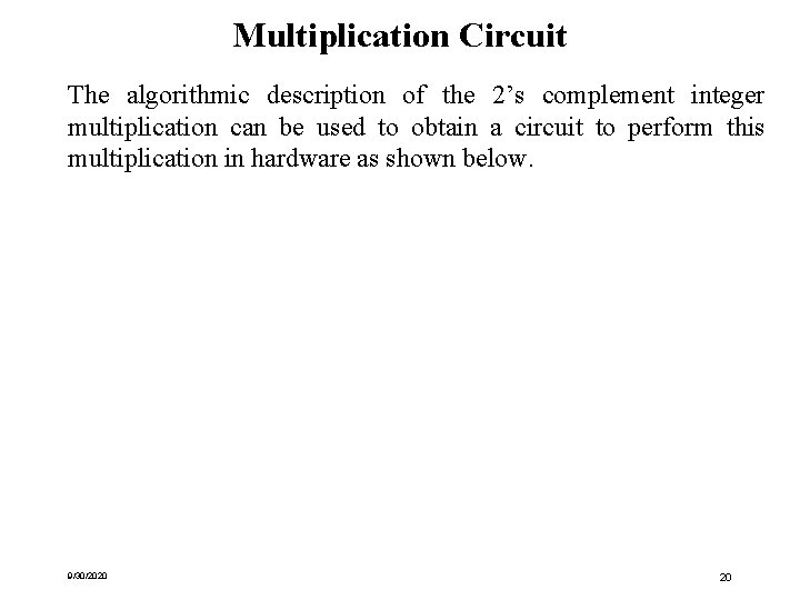 Multiplication Circuit The algorithmic description of the 2’s complement integer multiplication can be used Multiplication Circuit The algorithmic description of the 2’s complement integer multiplication can be used