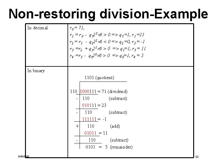 Non-restoring division-Example In decimal r 0 = 71, r 1 = r 0 - Non-restoring division-Example In decimal r 0 = 71, r 1 = r 0 -