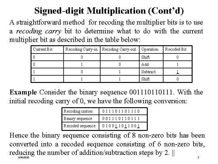 Signed-digit Multiplication (Cont’d) A straightforward method for recoding the multiplier bits is to use Signed-digit Multiplication (Cont’d) A straightforward method for recoding the multiplier bits is to use