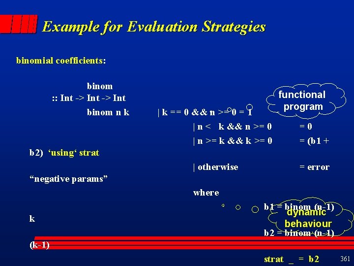 Example for Evaluation Strategies binomial coefficients: binom : : Int -> Int binom n